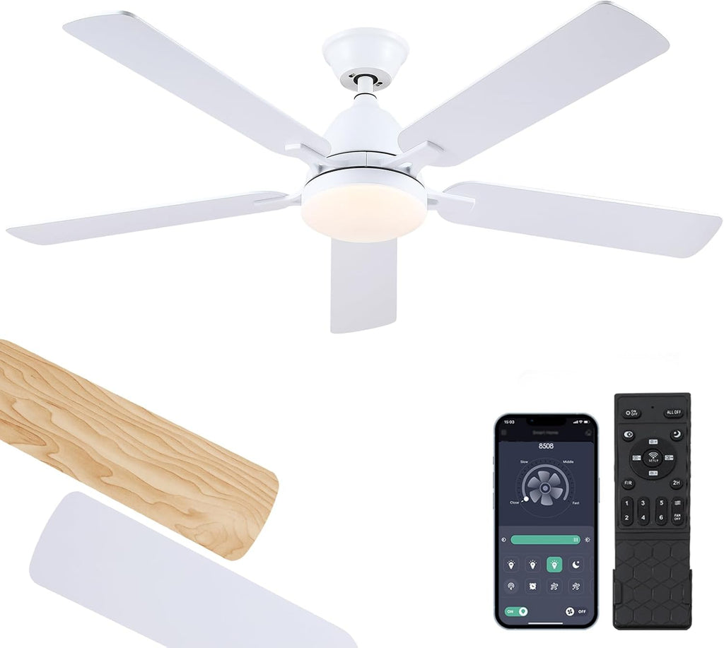 Ceiling Fans with Lights, 52inch Low Profile Ceiling Fan with Light and Remote Control,Reversible, 3CCT, Dimmable, Quiet, White Ceiling Fan for Bedroom Indoor/Outdoor Use