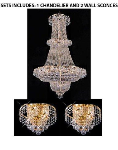 Set Of 3- French Empire Crystal Chandelier Chandeliers Lighting 60"X36" And 2 Belenus Collection 24K Gold Plated Finish Wall Sconces W12" H8" E9" - A500-1Ea 928/32 + 2Ea Eca1W12G