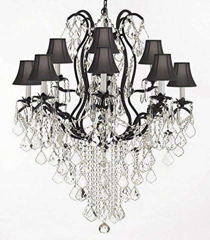 Wrought Iron Empress Crystal (Tm) Chandelier Lighting H40" X W28" With Black Shades - A500-Sc/Blackshades/B12/3034/8+4