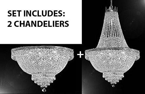 Set Of 2 - Swarovski Crystal Trimmed Chandelier Empire Chandelier Lighting H 30" X W 24" + Swarovski Crystal Trimmed Chandelier French Empire Crystal Semi Flush Chandelier H18" X W24" - 1Ea-Silver/870/9Sw+1Ea-Flush/Cs/870/9Sw A500-