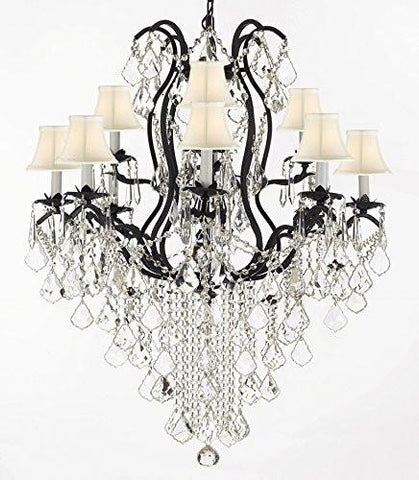Wrought Iron Crystal Chandelier Lighting H40" X W28" With Shades Trimmed With Spectra (Tm) Crystal - Reliable Crystal Quality By Swarovski - A500-Sc/Whiteshade/B12/3034/8+4Sw