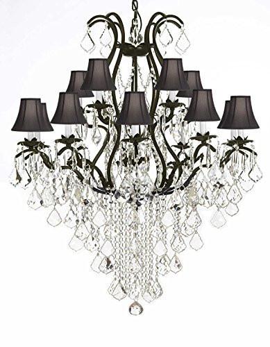 Wrought Iron Chandelier Crystal Chandeliers Lighting H50" X W36" With Black Shades Great For Dining Room Entryway / Foyer Or Living Room - A500-Sc/Blackshade/B12/3034/10+5