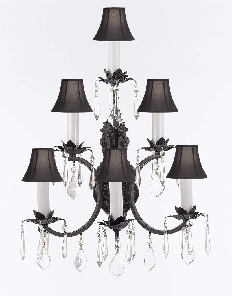 Wrought Iron Wall Sconce Crystal Lighting 3 Tier Wall Sconces W16 x H24 w/Black Shades - A500-BLACKSHADES/6/3034