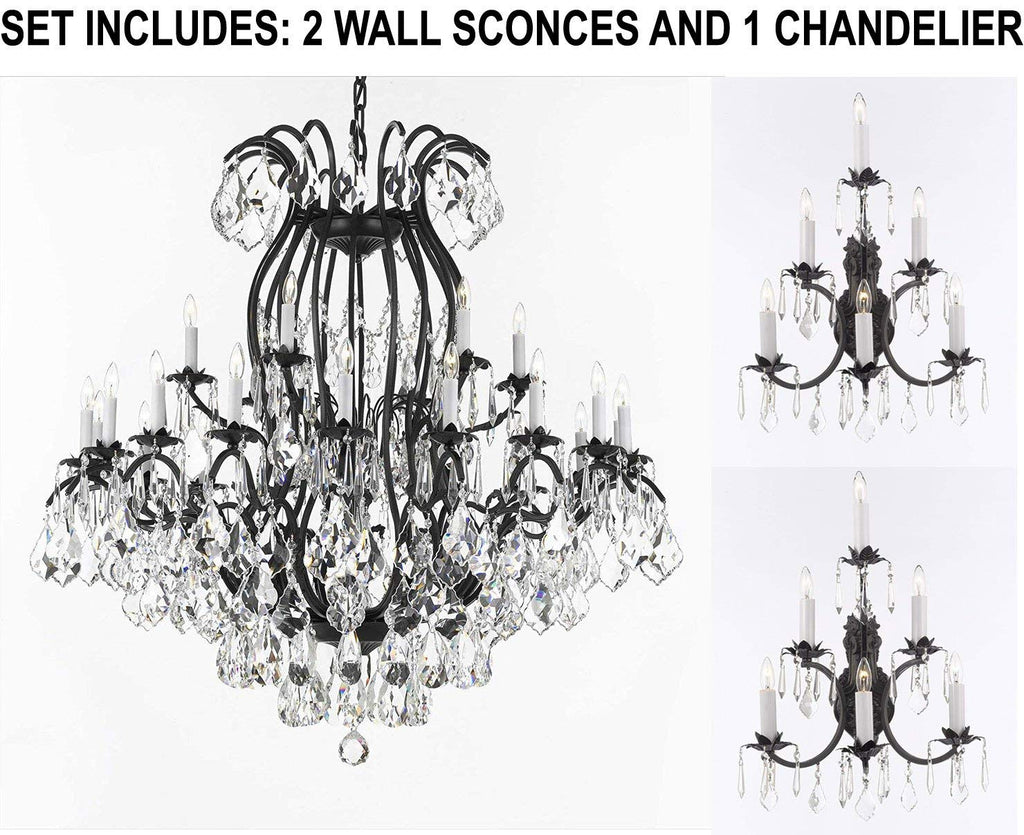 Set of 3-2 Wrought Iron Wall Sconce Crystal Lighting 3 Tier Wall Sconces W16 x H24 and 1 Wrought Iron Crystal Chandeliers Lighting Empress Crystal (TM) H46 W46 Perfect for an Entryway Or Foyer! - 2EA A500-6/3034 + 1EA A500-3034/18+6