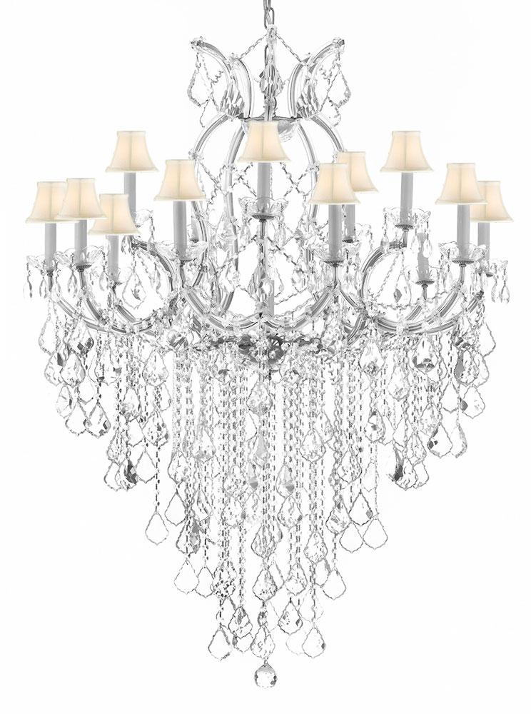 Maria Theresa Chandelier Empress Crystal (tm) Lighting Chandeliers H50" X W37" With White Shades! GREAT FOR LARGE FOYER / ENTRYWAY! - A500-B12/SILVER/SC/Whiteshades/21510/15+1