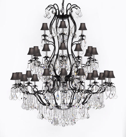 Swarovski Crystal Trimmed Chandelier Large Foyer / Entryway Wrought Iron Chandelier Lighting With Crystal And Black Shade H60" X W52" - A500-Sc/Blackshade/3031/36Sw